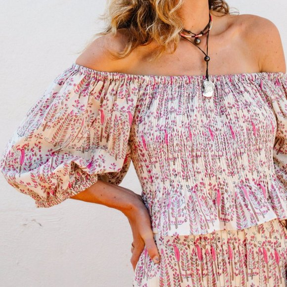 Perry Walker Collective The Ophelia Top block print pink cream off shoulder crop - Picture 3 of 12